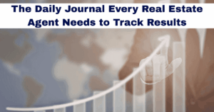 A motivational business graphic featuring a semi-transparent world map in the background. In the foreground, a person's hand is shown pointing toward a bright, glowing white arrow that curves upward across a rising bar chart, symbolizing growth. A white header bar at the top contains the dark navy blue text: "The Daily Journal Every Real Estate Agent Needs to Track Results".